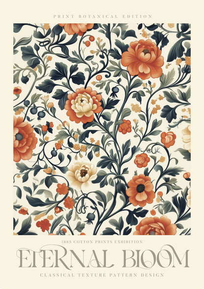 Affiche murale william morris de fleurs crème, orange et vert sur fond clair avec le titre "Eternal bloom".