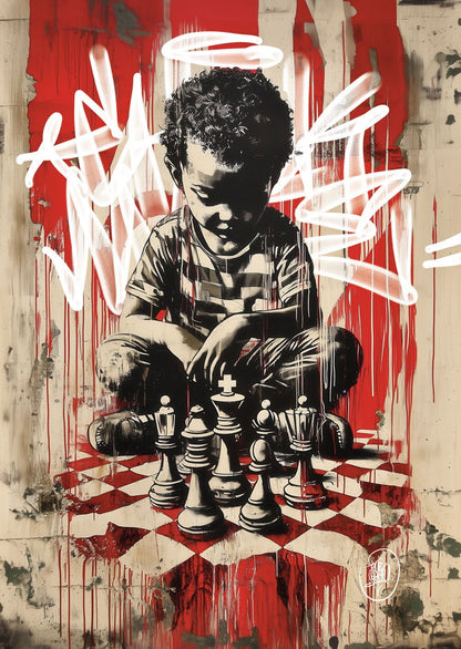 Affiche Street-Art d'un jeune garcon devant un échiquier, dans le style de Banksy et Obey.