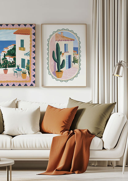 Duo d'affiches illustration paysages italien cactus et mer au loin, dans un salon.