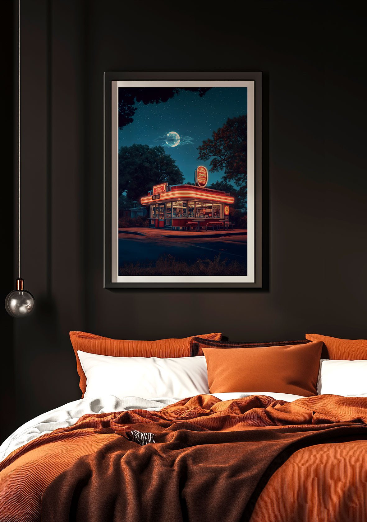 Affiche illustration diner américain illuminé, mise en situation au dessus d'un lit.