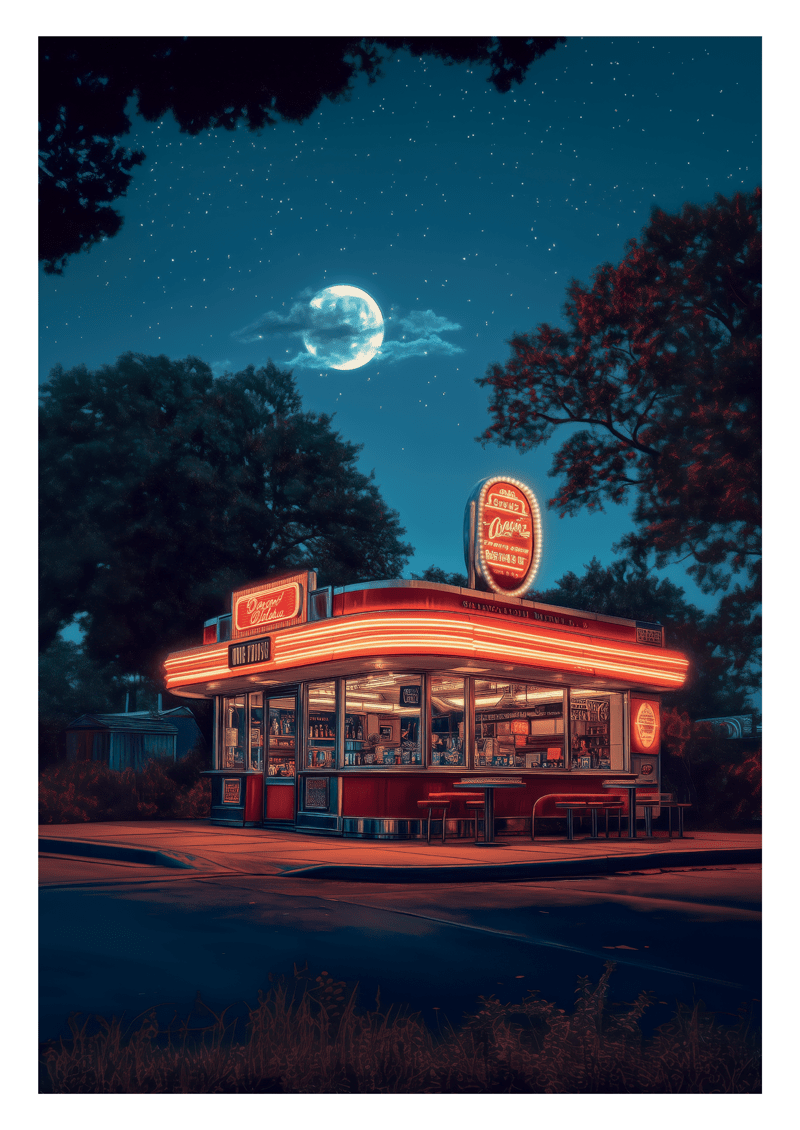 Affiche illustration d'un diner américain illuminé, en pleine nuit.