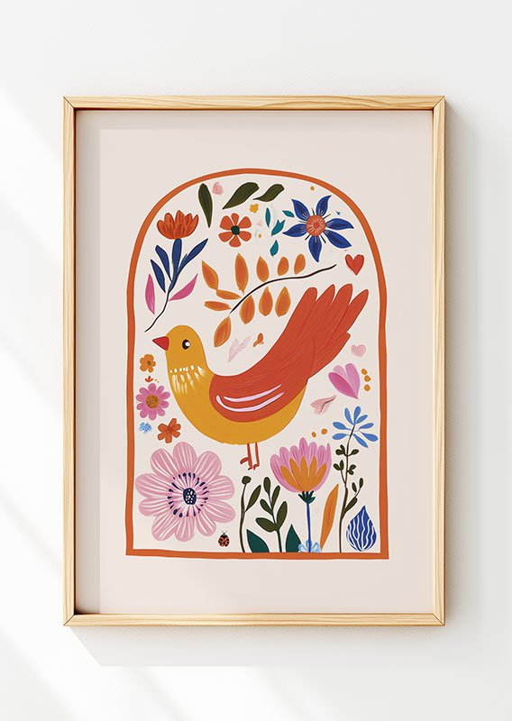 Affiche folk art dans un cadre bois, d'une illustration d'oiseau orange et jaune entourée de fleurs colorées