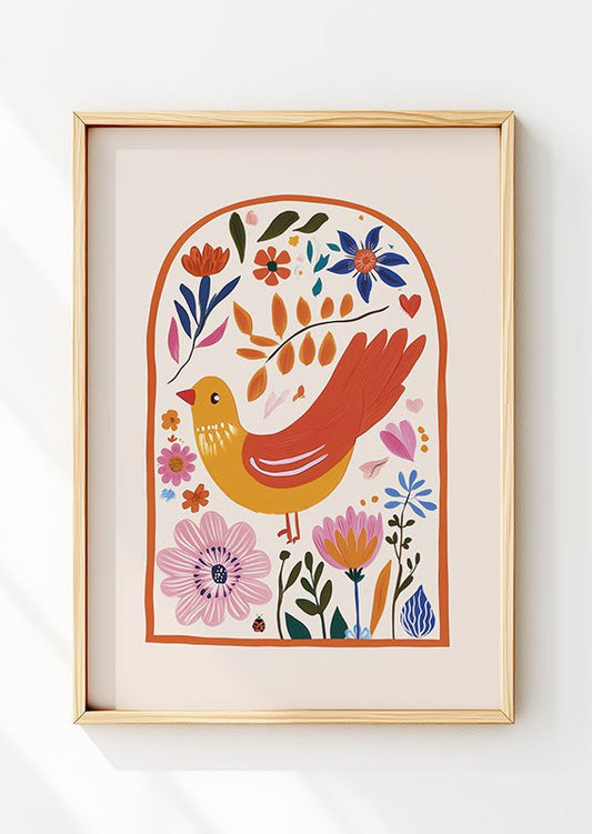 Affiche folk art dans un cadre bois, d'une illustration d'oiseau orange et jaune entourée de fleurs colorées