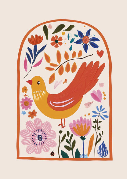 Affiche folk art d'un oiseau orange et jaune entourée de fleurs colorées et d'une arcade orange