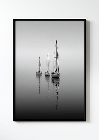 Affiche photographie en noir et blanc de trois petits voiliers et leurs reflets sur l'eau, encadrée