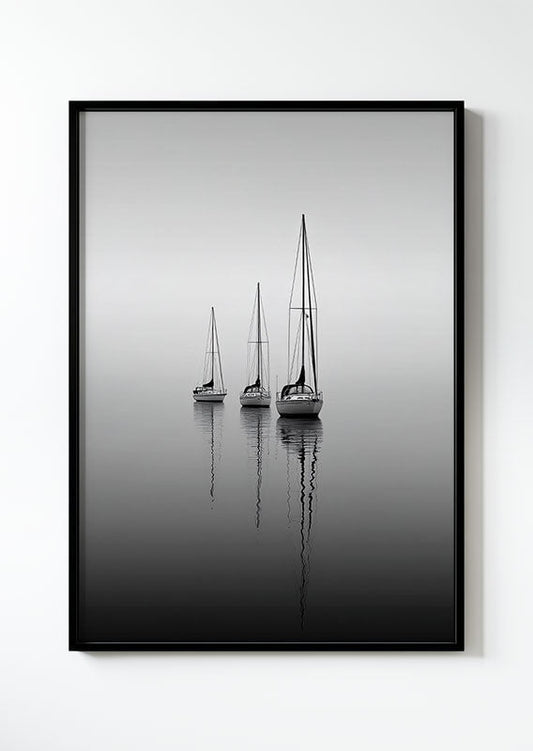 Affiche photographie en noir et blanc de trois petits voiliers et leurs reflets sur l'eau, encadrée