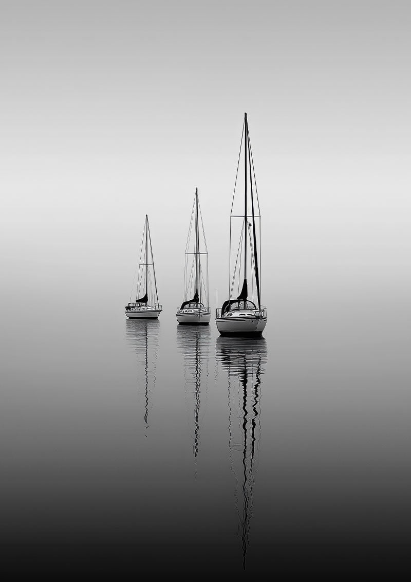 Affiche photographie en noir et blanc de trois petits voiliers et leurs reflets sur l'eau