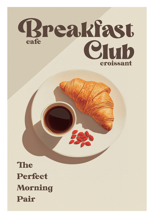 Affiche cuisine vintage d'un café et un croissant sur fond clair avec texte en anglais.