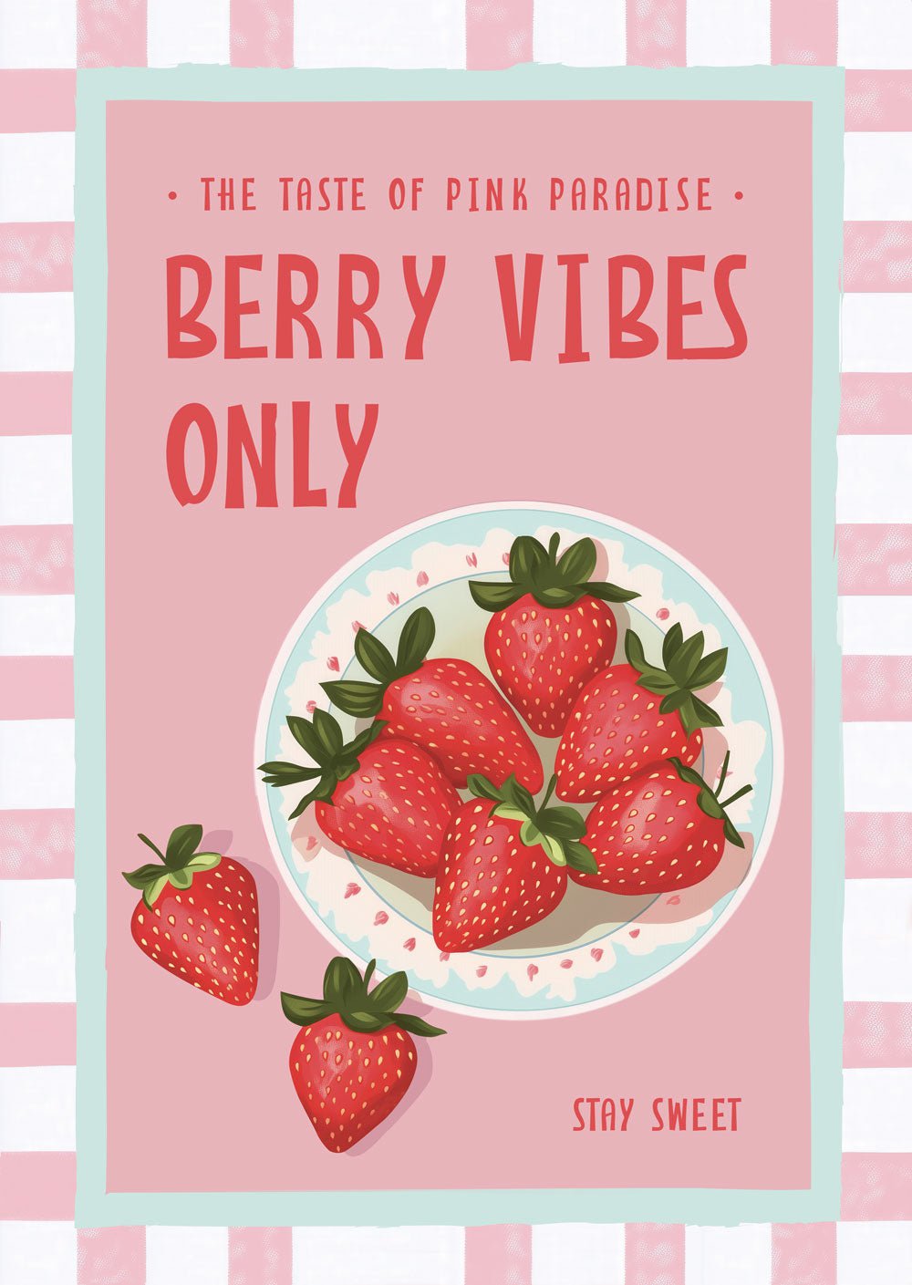 Affiche vintage fruit pop assiette de fraises sur fond rose et bordure damier, avec un texte.