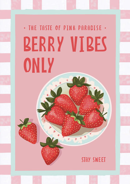 Affiche vintage fruit pop assiette de fraises sur fond rose et bordure damier, avec un texte.