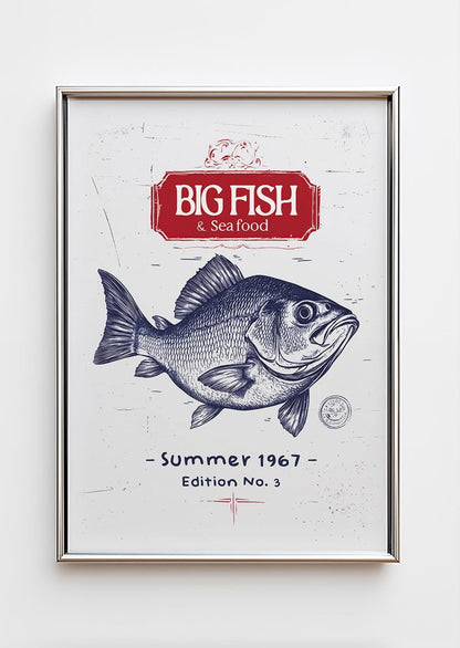 Poster mer représentant un poisson en gravure détaillée bleue dans un cadre chromé
