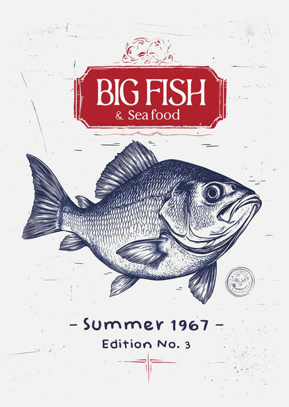 Affiche mer représentant un poisson en gravure détaillée bleue