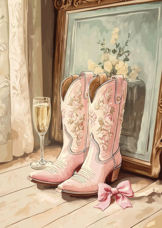 Affiche illustration paire de Botte de cowboy rose et coupe de champagne devant un tableau.
