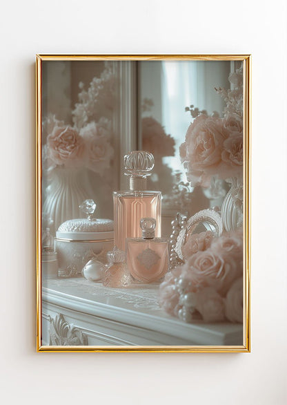 Poster art déco 1930 représentant une photo d'un boudoir ivoire rose dans un cadre or