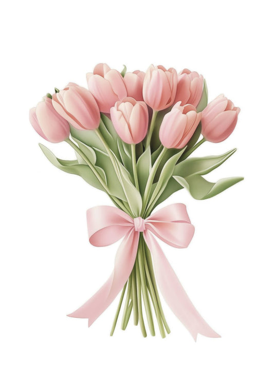 Illustration botanique d'un bouquet de tulipes entourée d'un nœud rose, fond blanc.