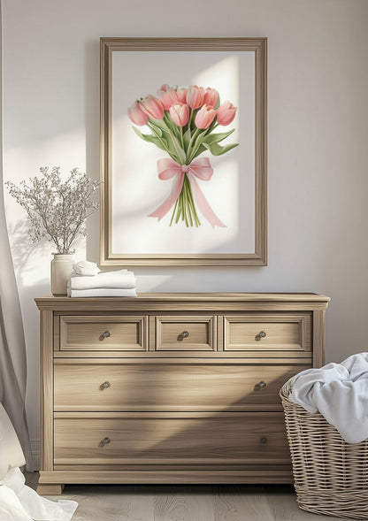 Illustration botanique bouquet de tulipes dans un cadre en bois au dessus d'un meuble.