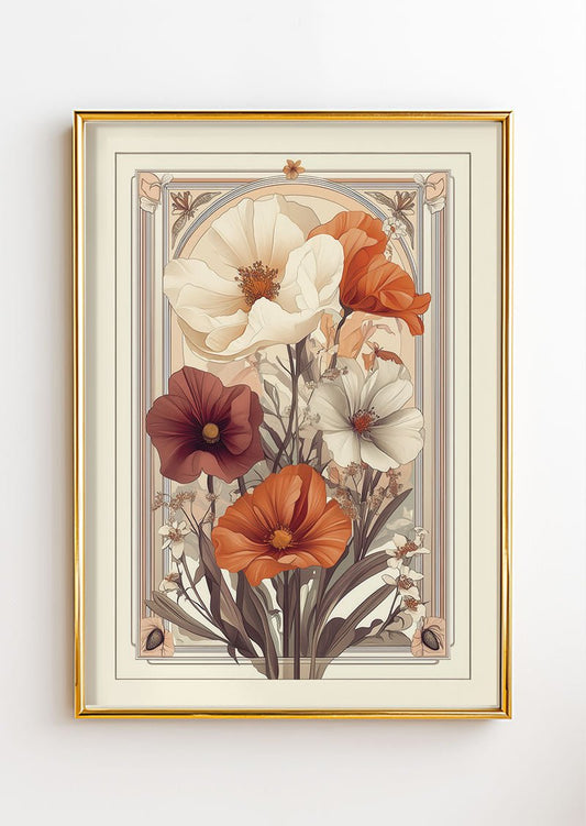 Poster art déco 1930 représentant des fleur dans les tons creme dans un cadre or.