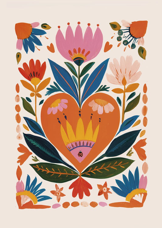 Affiche folk art illustration montrant un cœur orange, de feuilles et fleurs colorées sur fond beige