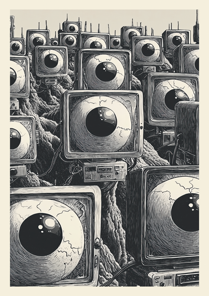 Affiche cabinet de curiosités d'une armée d'ordinateurs vintage avec des yeux, en noir et blanc.