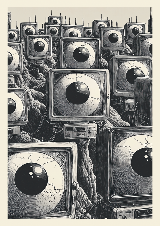 Affiche cabinet de curiosités d'une armée d'ordinateurs vintage avec des yeux, en noir et blanc.