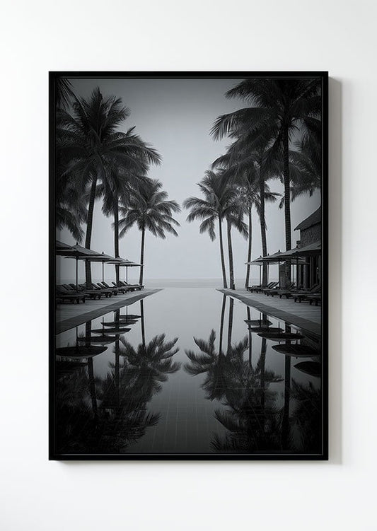 Affiche photographie noir et blanc d'une piscine et de palmiers en californie, dans un cadre