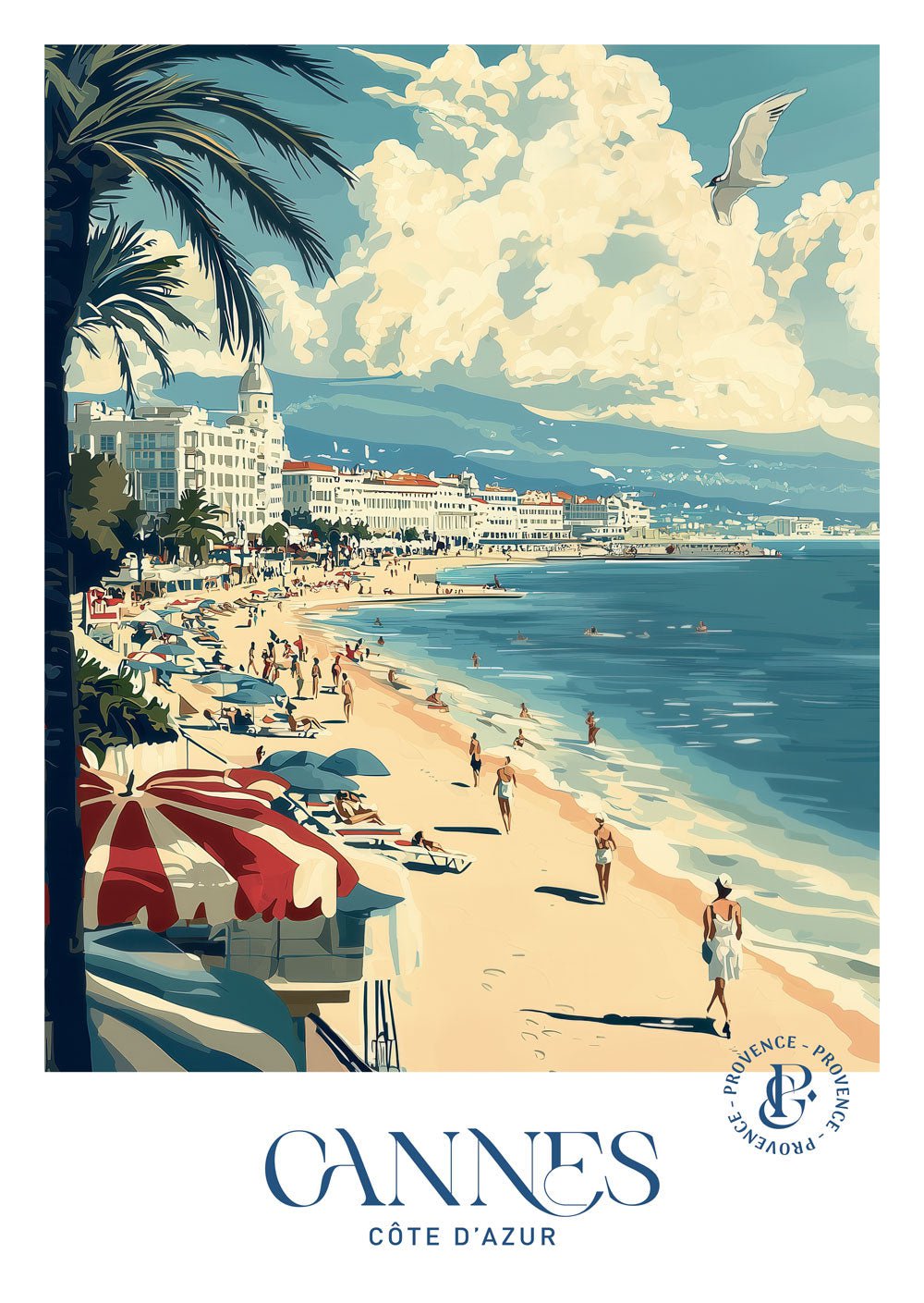 Affiche vintage du bord de mer de Cannes, la croisette. 