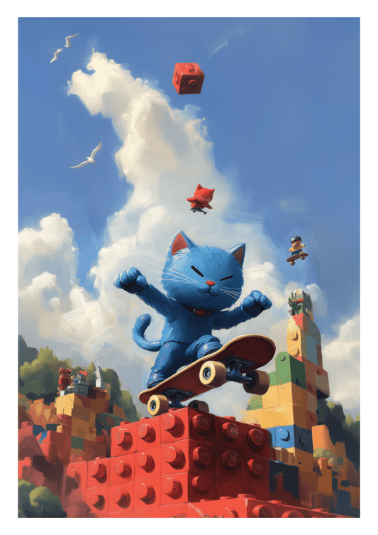 Affiche déco pop-culture d'un chat bleu sur un skate dans un monde fait de briques.