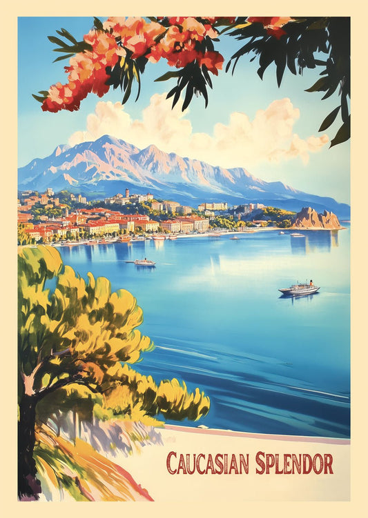 Affiche vintage illustrant un paysage côtier, avec le titre "Caucasian splendor"