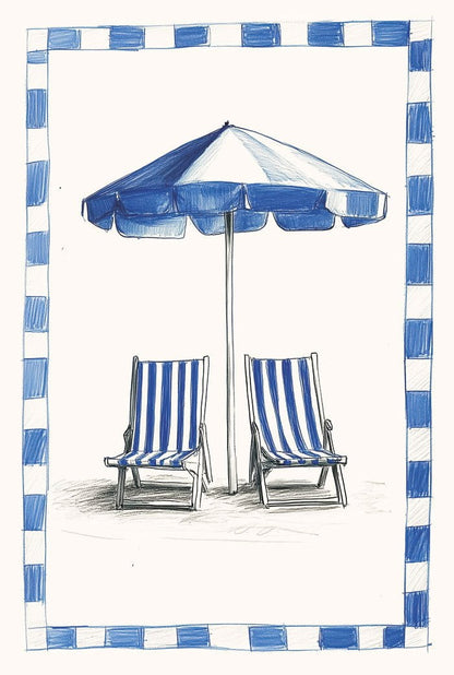 Poster été chaises longues bleues rayées en format 40x60 cm