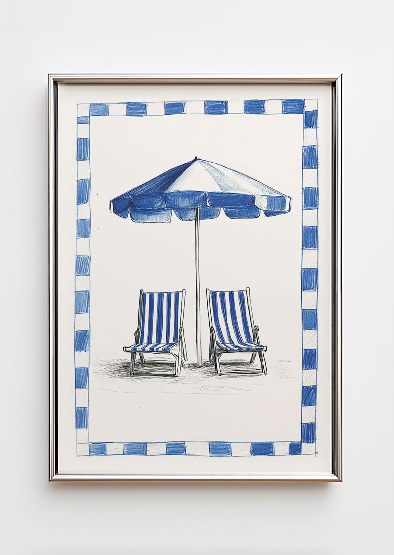 Poster mer d'un dessin de deux chaises longues et parasol dans un cadre chrome