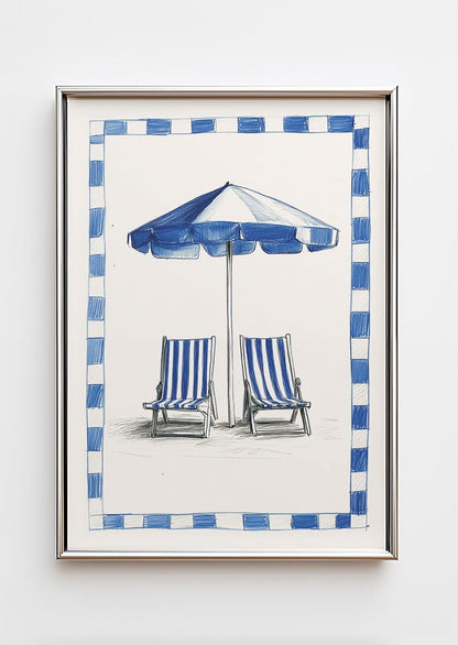Poster mer d'un dessin de deux chaises longues et parasol dans un cadre chrome