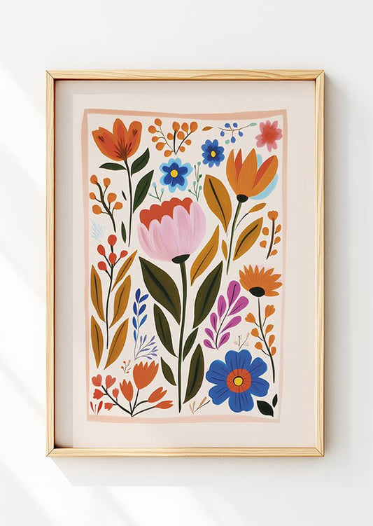 Affiche folk art d'un dessin de fleurs colorées et vives dans un cadre en bois