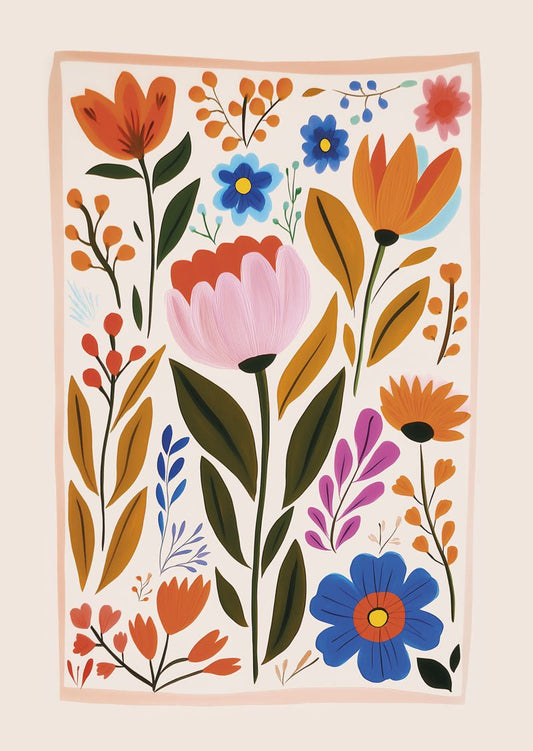 Affiche folk art d'une illustration de fleurs colorées et vives avec un léger encadrement
