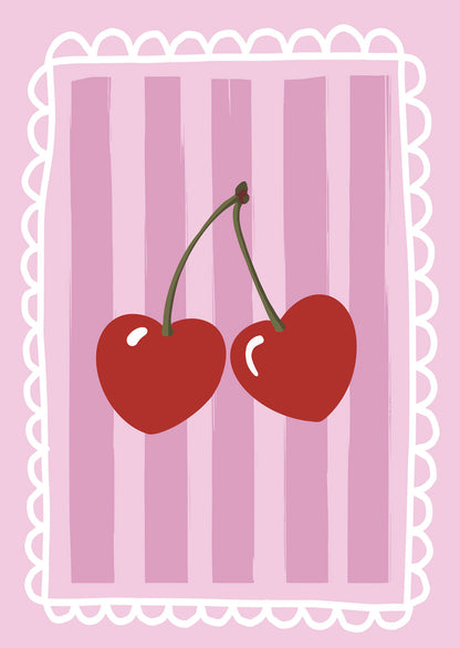 Affiche fruit pop de deux cerises en forme de cœur sur fond rose rayé et bordure festonnée.