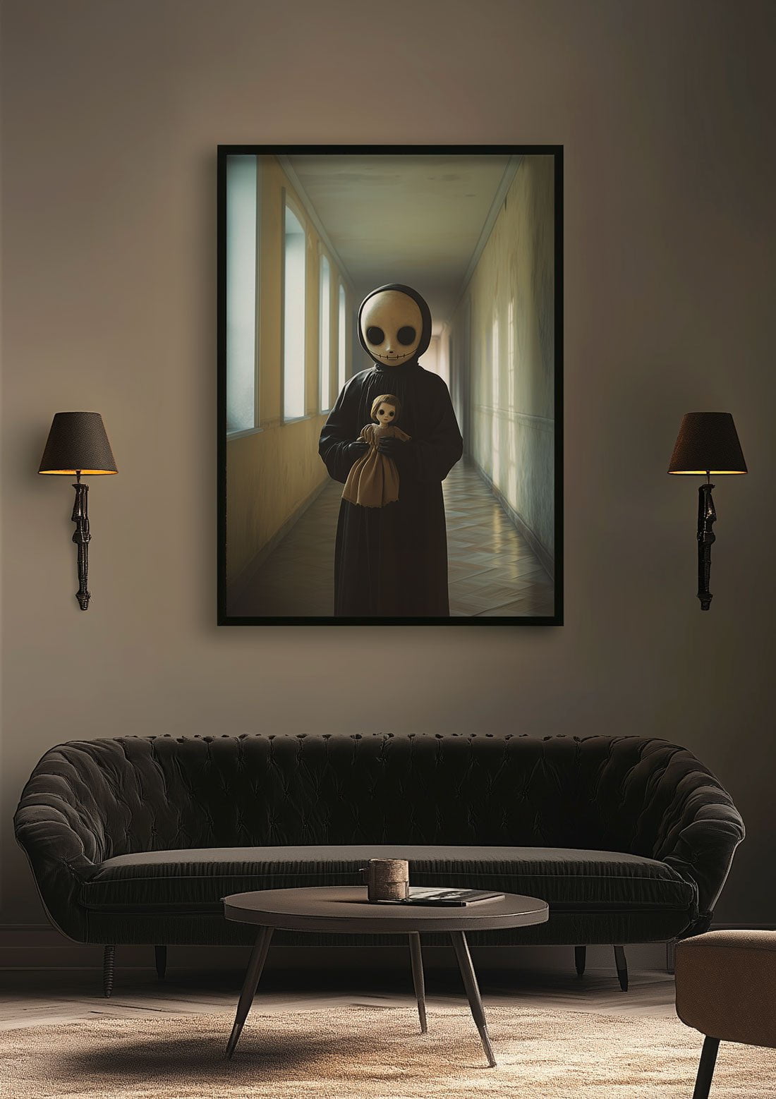 Affiche cabinet de curiosités d'un enfant masqué, encadrée dans un salon.