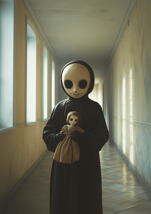 Affiche cabinet de curiosités montrant un enfant masqué, avec une poupée dans les mains.