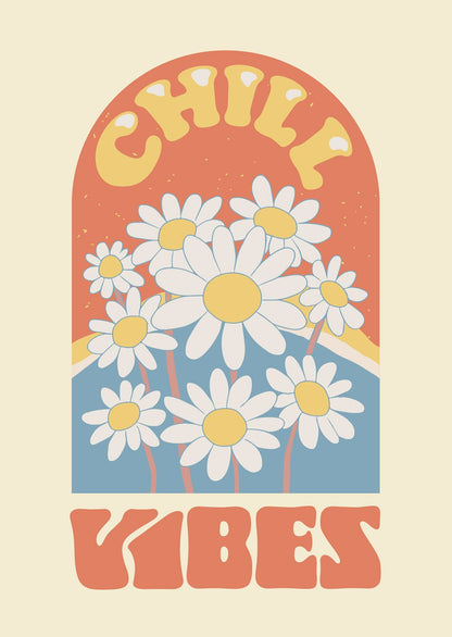 Affiche vintage pop marguerites et texte "chill vibes" sur fond rouge bleu et beige