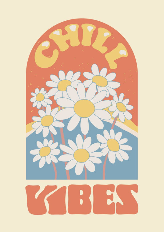 Affiche vintage pop marguerites et texte "chill vibes" sur fond rouge bleu et beige