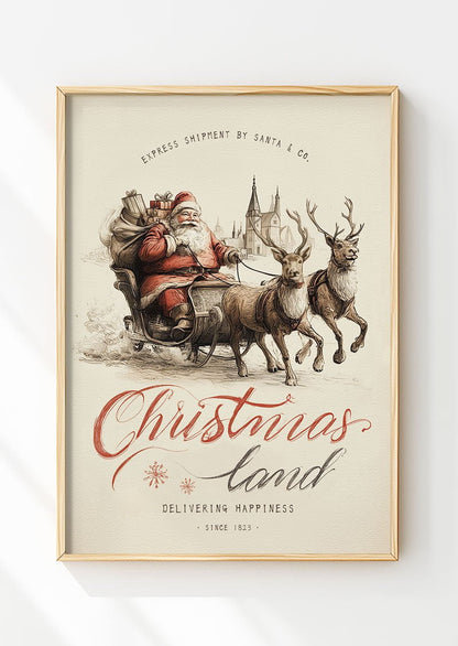 Affiche de noel représentant le pere noel sur son traineau avec ses rennes, dans un cadre