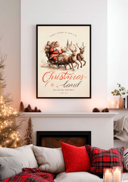 Affiche de noel du père noel et ses rennes encadrée dans un salon décoré pour les fetes
