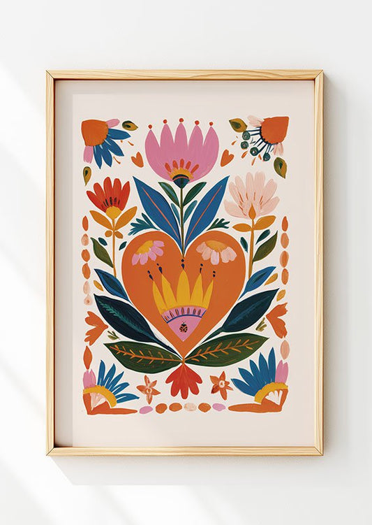 Affiche folk art d'une illustration d'un cœur orange, de feuilles et fleurs colorées dans un cadre bois.