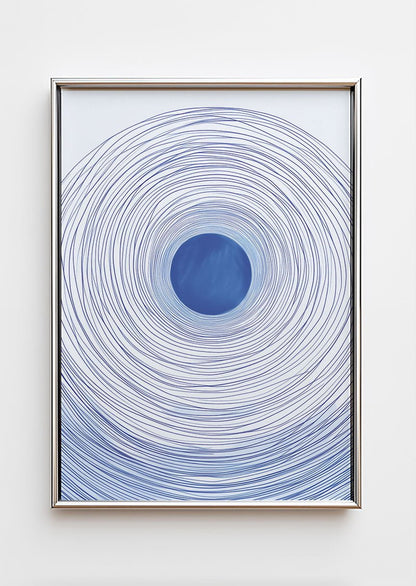Poster mer et plage abstrait représentant des liserés circulaires bleus dans un cadre chrome