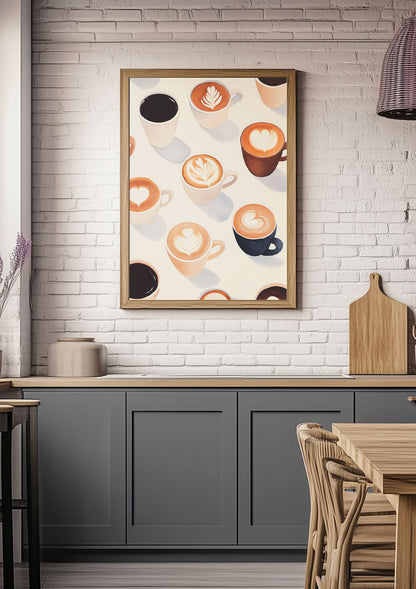 Affiche cuisine café latte à l'aquarelle, encadrée dans une cuisine.
