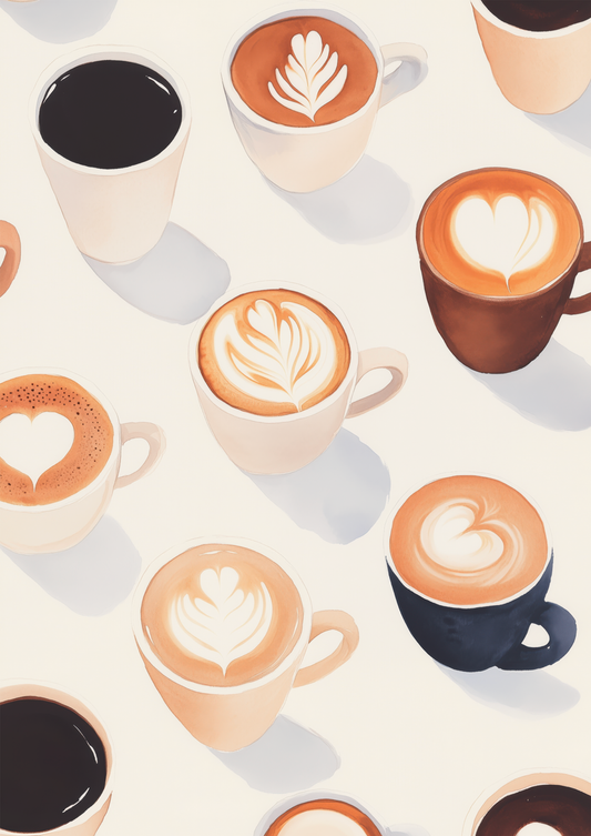 Affiche cuisine café latte à l'aquarelle aux nuances crème et mocha, fond blanc.