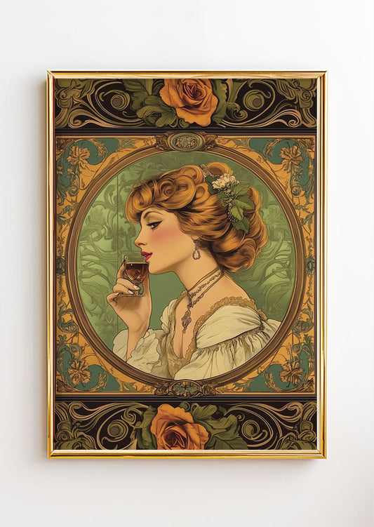 Cadre en or d'un poster art déco 1930 d'une femme qui tiens un café inspirée d'Alfons Mucha