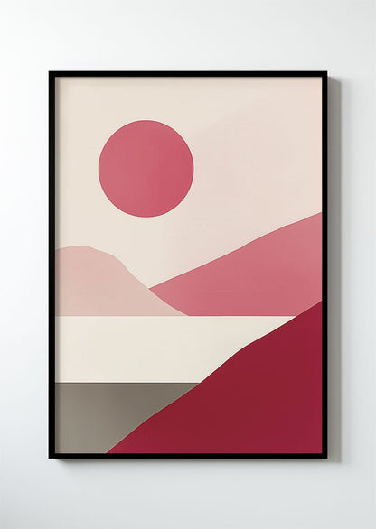 Poster contemporain d'un paysage abstrait peint en roses et beige dans un cadre noir.