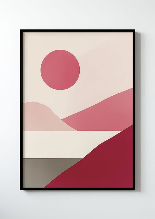 Poster contemporain d'un paysage abstrait peint en roses et beige dans un cadre noir.