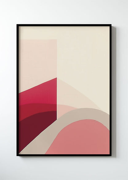 Poster mural contemporain géométriques Wabi-sabi, de couleurs rose, rouge et beige dans un cadre.