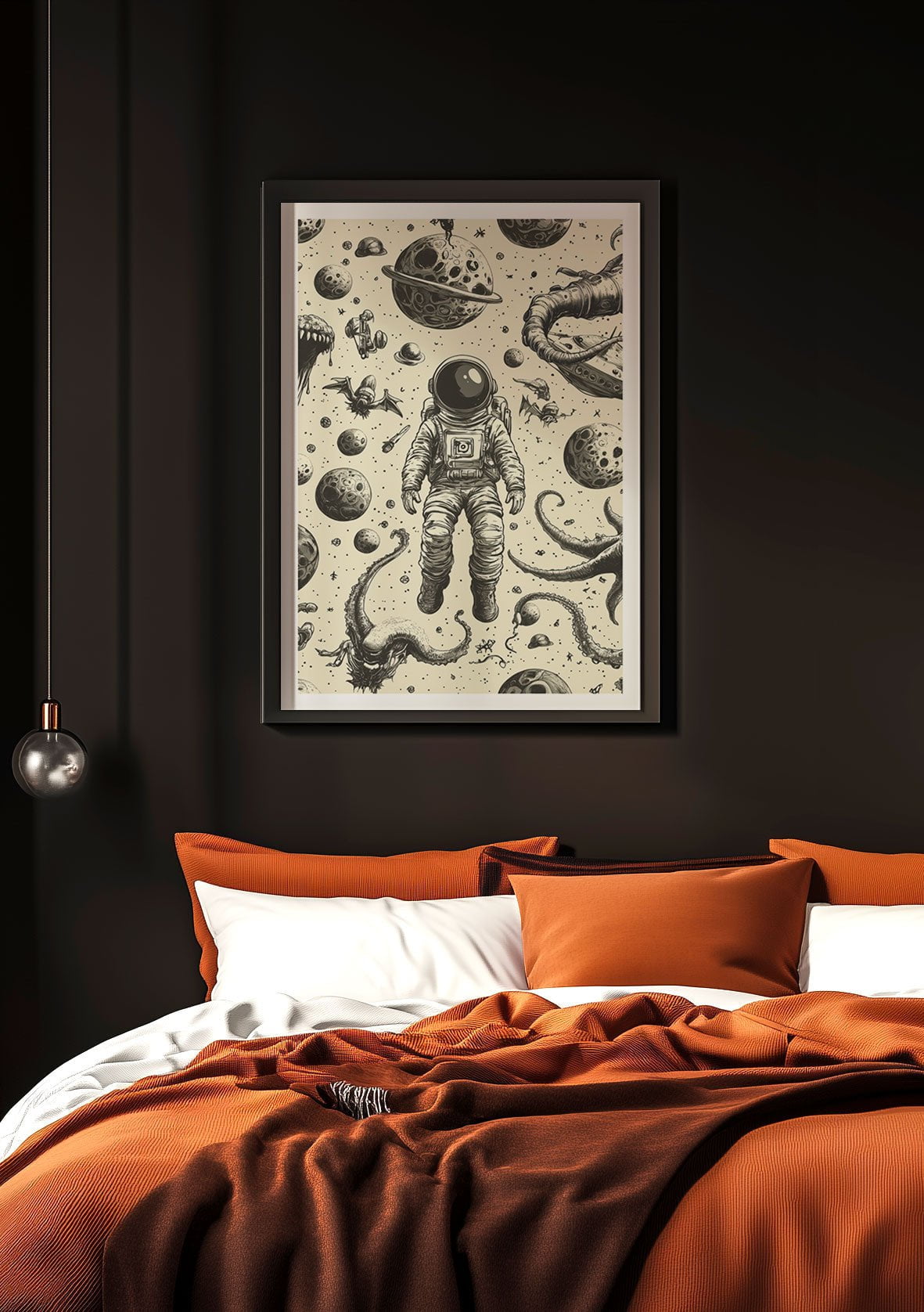 Affiche illustration cosmonaute noir sur fond beige, mise en situation sur un mur noir.