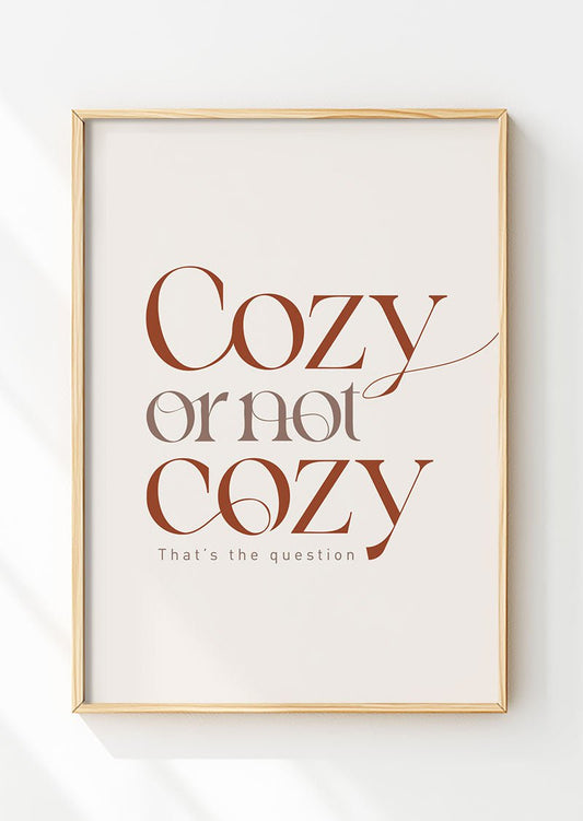 Affiche automne "cozy or not cozy" en marron sur fond beige, dans un cadre en bois
